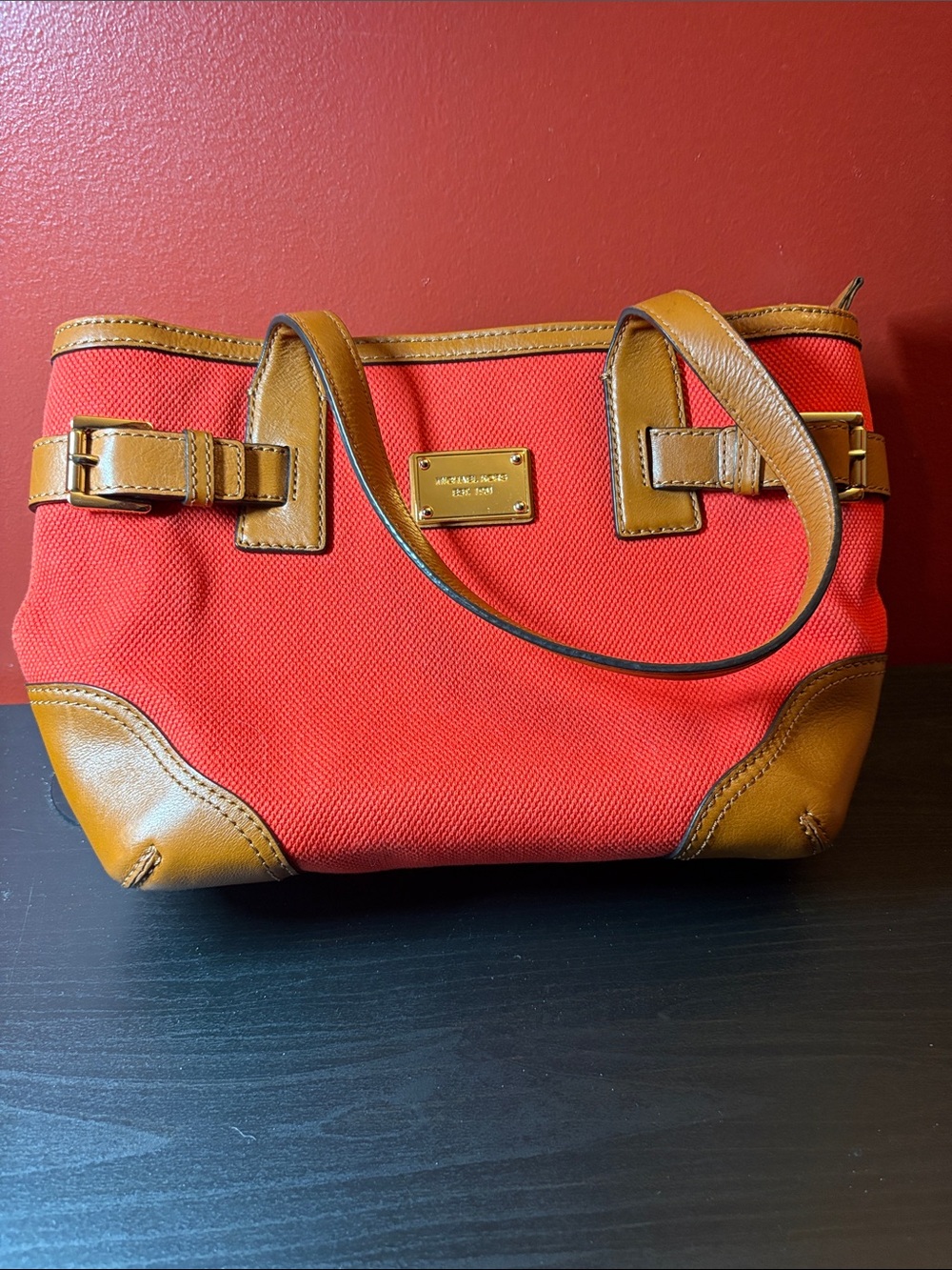 Michael Kors Red Canvas Shoulder Tote with Tan Leather Trim